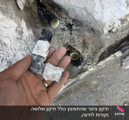 יד מחזיקה צינור שבור ליד קיר